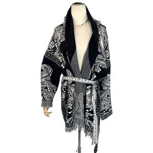 Sioni 2X Black White Belted Cardigan Sweater Jacket NWOT